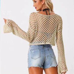 Beige Hollow Out Bell Sleeve Crop Top - NEW